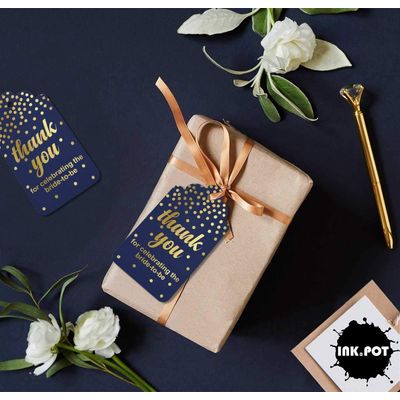 Etiquetas de Papel Metalizado "Obrigado por Celebrar a Noiva" para Lembrancinhas do Chá de Noiva - Inkdotpot 50 Etiquetas Metalizadas / Azul - Ouro Rosé