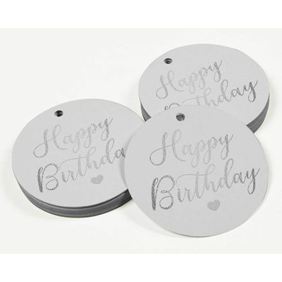 Etiquetas de Papel para Lembrancinhas 'Feliz Aniversário' Metalizadas para Pendurar - Inkdotpot 100 Etiquetas Metalizadas / Branco - Prata