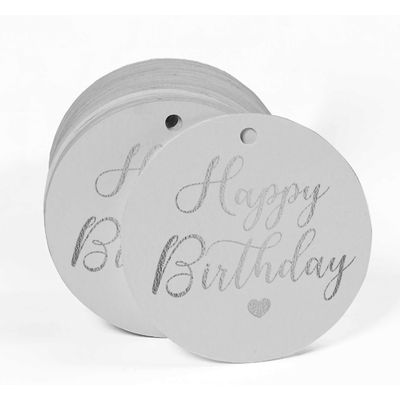 Etiquetas de Papel para Lembrancinhas 'Feliz Aniversário' Metalizadas para Pendurar - Inkdotpot 100 Etiquetas Metalizadas / Branco - Prata