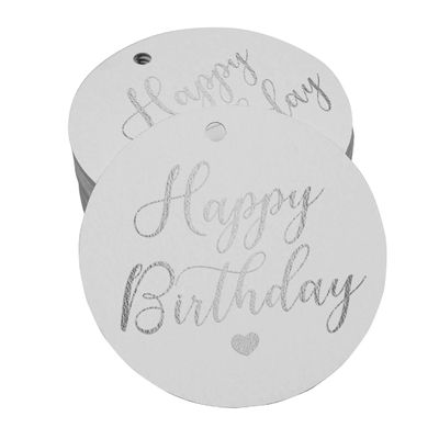 Etiquetas de Papel para Lembrancinhas 'Feliz Aniversário' Metalizadas para Pendurar - Inkdotpot 100 Etiquetas Metalizadas / Branco - Prata