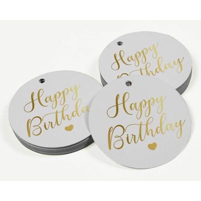Etiquetas de Papel para Lembrancinhas 'Feliz Aniversário' Metalizadas para Pendurar - Inkdotpot 100 Etiquetas Metalizadas / Branco - Prata