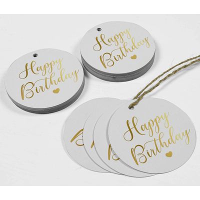 Etiquetas de Papel para Lembrancinhas 'Feliz Aniversário' Metalizadas para Pendurar - Inkdotpot 100 Etiquetas Metalizadas / Branco - Prata