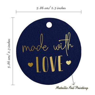 Etiquetas de Papel para Lembrancinhas 'Made With Love' com Laminação Metalizada Artesanal para Pendurar - Inkdotpot 100 Etiquetas Metalizadas / Azul - Dourado