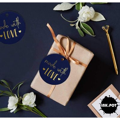 Etiquetas de Papel para Lembrancinhas 'Made With Love' com Laminação Metalizada Artesanal para Pendurar - Inkdotpot 100 Etiquetas Metalizadas / Azul - Dourado
