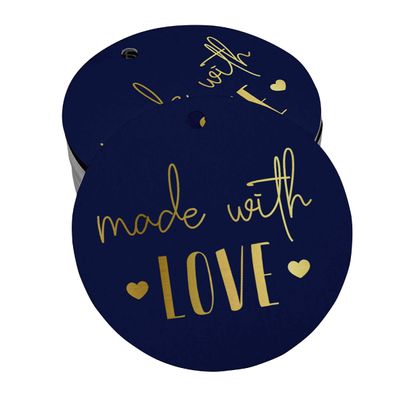 Etiquetas de Papel para Lembrancinhas 'Made With Love' com Laminação Metalizada Artesanal para Pendurar - Inkdotpot 100 Etiquetas Metalizadas / Azul - Dourado