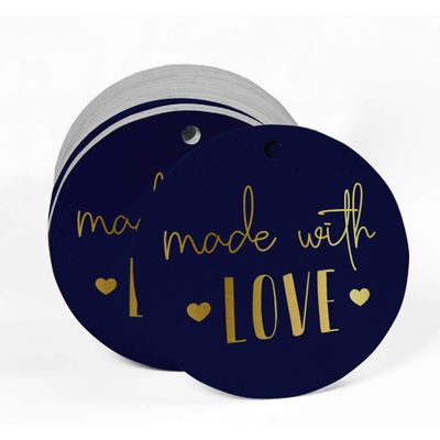 Etiquetas de Papel para Lembrancinhas 'Made With Love' com Laminação Metalizada Artesanal para Pendurar - Inkdotpot 100 Etiquetas Metalizadas / Azul - Dourado