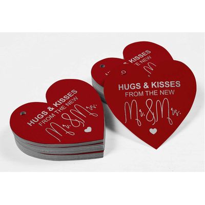 Etiqueta de Papel 'Hugs & Kisses' para Lembrancinha de Casamento, Artesanal, Foil, Suspensa - Inkdotpot 100 Etiquetas Metalizadas / Vermelho - Prata