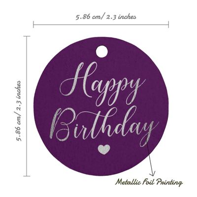 Etiquetas de Papel Metalizado 'Feliz Aniversário' para Pendurar em Lembrancinhas - Inkdotpot 100 Etiquetas Metalizadas / Roxo - Prata