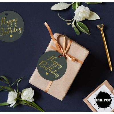 Etiquetas de Papel Metalizado 'Feliz Aniversário' para Pendurar em Lembrancinhas - Inkdotpot 100 Etiquetas Metalizadas / Roxo - Prata