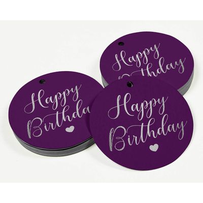 Etiquetas de Papel Metalizado 'Feliz Aniversário' para Pendurar em Lembrancinhas - Inkdotpot 100 Etiquetas Metalizadas / Roxo - Prata