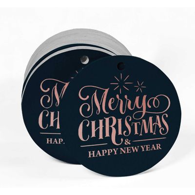 Etiquetas de Papel Metalizado Pendentes para Lembrancinhas com Texto "Merry Christmas & Happy New Year" - Inkdotpot 100 Etiquetas Metalizadas / Azul - Ouro Rosé