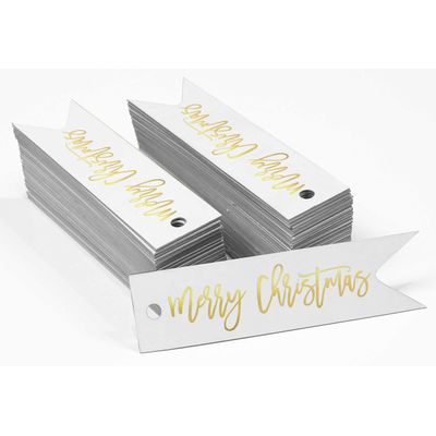 Etiquetas Pendentes de Papel Feliz Natal para Lembrancinhas com Acabamento Metalizado - Inkdotpot 100 Etiquetas Metalizadas / Branco - Ouro Rosé