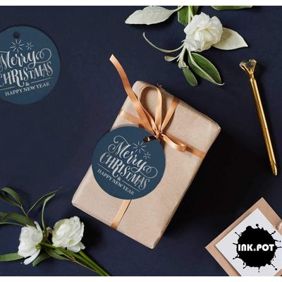 Etiquetas de Papel Metalizado Pendentes para Lembrancinhas com Texto "Merry Christmas & Happy New Year" - Inkdotpot 100 Etiquetas Metalizadas / Azul - Prata