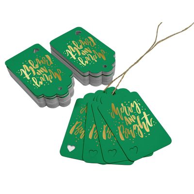 Etiquetas de Papel Metalizadas 'Merry and Bright' para Lembrancinhas de Natal e para Pendurar - Inkdotpot 50 Etiquetas Metalizadas / Verde - Ouro Rosé