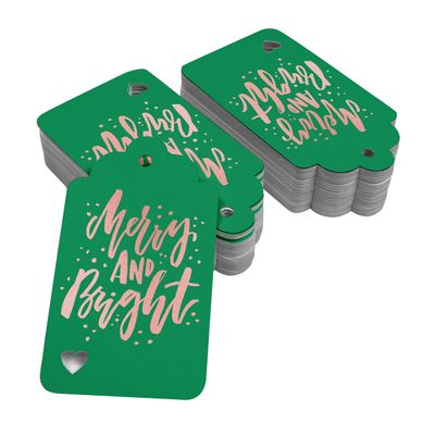 Etiquetas de Papel Metalizadas 'Merry and Bright' para Lembrancinhas de Natal e para Pendurar - Inkdotpot 50 Etiquetas Metalizadas / Verde - Ouro Rosé