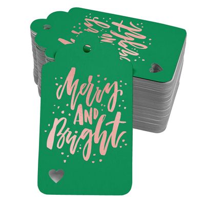 Etiquetas de Papel Metalizadas 'Merry and Bright' para Lembrancinhas de Natal e para Pendurar - Inkdotpot 50 Etiquetas Metalizadas / Verde - Ouro Rosé