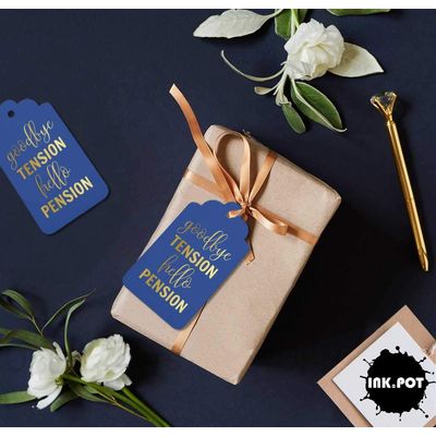 Tag de Papel para Pendurar com Folheado 'Good Bye Tension Hello Pension' para Lembrancinha de Aposentadoria - Inkdotpot 50 Etiquetas Metalizadas / Marrom - Prata