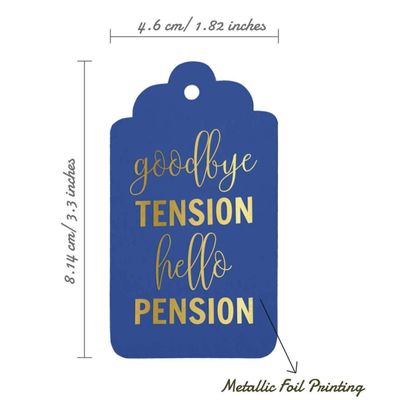 Tag de Papel para Pendurar com Folheado 'Good Bye Tension Hello Pension' para Lembrancinha de Aposentadoria - Inkdotpot 50 Etiquetas Metalizadas / Marrom - Prata