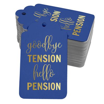 Tag de Papel para Pendurar com Folheado 'Good Bye Tension Hello Pension' para Lembrancinha de Aposentadoria - Inkdotpot 50 Etiquetas Metalizadas / Marrom - Prata