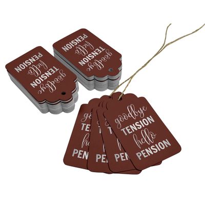 Tag de Papel para Pendurar com Folheado 'Good Bye Tension Hello Pension' para Lembrancinha de Aposentadoria - Inkdotpot 50 Etiquetas Metalizadas / Marrom - Prata