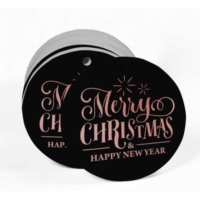 Etiquetas de Papel Metalizado com Texto 'Merry Christmas & Happy New Year' Para Lembrancinhas e Para Pendurar - Inkdotpot 100 Etiquetas Metalizadas / Preto - Ouro Rosé