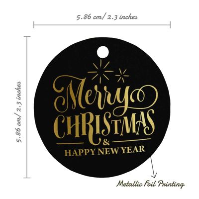 Etiquetas de Papel Metalizado com Texto 'Merry Christmas & Happy New Year' Para Lembrancinhas e Para Pendurar - Inkdotpot 100 Etiquetas Metalizadas / Preto - Ouro Rosé