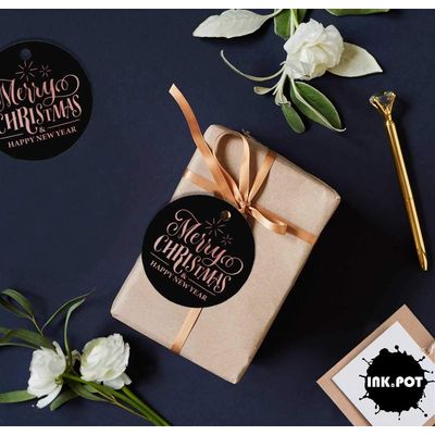 Etiquetas de Papel Metalizado com Texto 'Merry Christmas & Happy New Year' Para Lembrancinhas e Para Pendurar - Inkdotpot 100 Etiquetas Metalizadas / Preto - Ouro Rosé