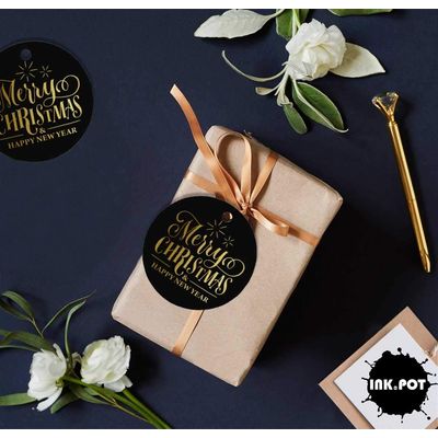 Etiquetas de Papel Metalizado com Texto 'Merry Christmas & Happy New Year' Para Lembrancinhas e Para Pendurar - Inkdotpot 100 Etiquetas Metalizadas / Preto - Ouro Rosé