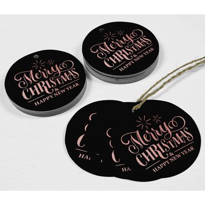 Etiquetas de Papel Metalizado com Texto 'Merry Christmas & Happy New Year' Para Lembrancinhas e Para Pendurar - Inkdotpot 100 Etiquetas Metalizadas / Preto - Ouro Rosé