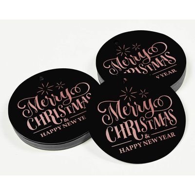 Etiquetas de Papel Metalizado com Texto 'Merry Christmas & Happy New Year' Para Lembrancinhas e Para Pendurar - Inkdotpot 100 Etiquetas Metalizadas / Preto - Ouro Rosé