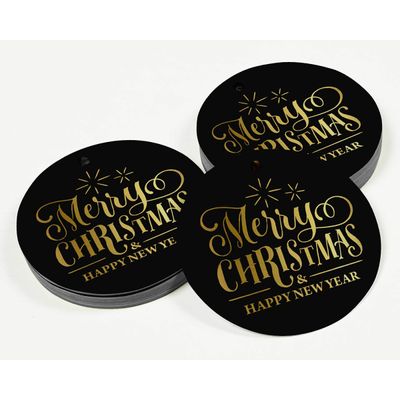 Etiquetas de Papel Metalizado com Texto 'Merry Christmas & Happy New Year' Para Lembrancinhas e Para Pendurar - Inkdotpot 100 Etiquetas Metalizadas / Preto - Ouro Rosé