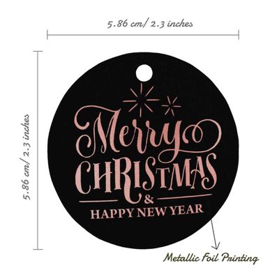 Etiquetas de Papel Metalizado com Texto 'Merry Christmas & Happy New Year' Para Lembrancinhas e Para Pendurar - Inkdotpot 100 Etiquetas Metalizadas / Preto - Ouro Rosé