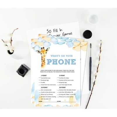 Conjunto de 50 Jogos para Chá de Bebê - Alfabeto ABC com Girafa e Animais da Selva - Inkdotpot 12,7 Cm × 17,78 Cm / Branco - O Que Tem no Seu Celular