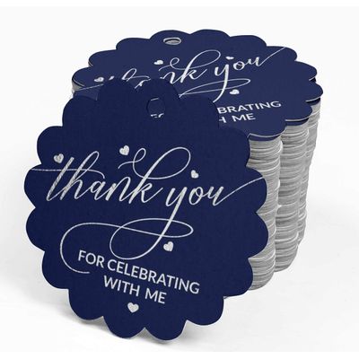 Etiquetas de Papel Metalizado para Pendurar 'Obrigado por Celebrar Comigo' para Lembrancinha de Aniversário - Inkdotpot 100 Etiquetas Metalizadas / Azul - Prata