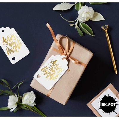 Etiquetas Pendentes de Papel Metalizado "Merry and Bright" para Lembrancinhas de Natal - Inkdotpot 50 Etiquetas Metalizadas / Branco - Prata