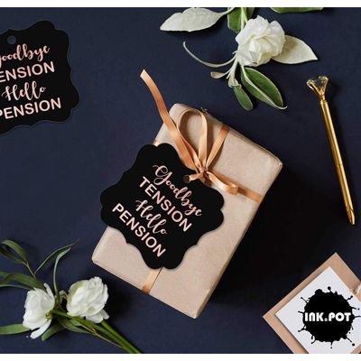 Etiquetas de Papel para Pendurar em Formato de Colchete com Foil 'Adeus Tensão, Olá Aposentadoria' Lembrancinha - Inkdotpot 50 Etiquetas Metalizadas / Preto - Ouro Rosé