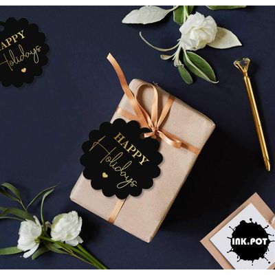 Etiquetas de Papel Metalizadas 'Happy Holiday' para Lembrancinhas e para Pendurar - Inkdotpot 50 Etiquetas Metalizadas / Preto - Ouro Rosé