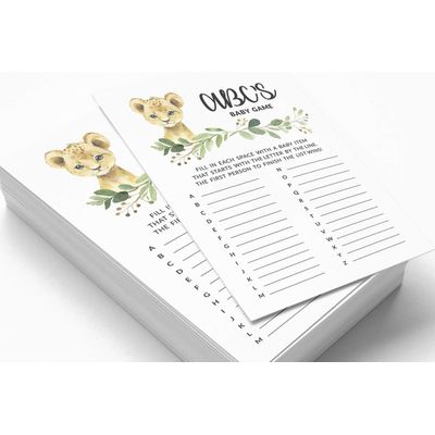 Conjunto com 50 Peças Jogo Alfabeto ABC para Chá de Bebê Tema Filhote de Guepardo e Animais da Selva - Inkdotpot 12,7 Cm × 17,78 Cm / Branco - Cartão de Conselho