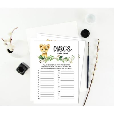 Conjunto com 50 Peças Jogo Alfabeto ABC para Chá de Bebê Tema Filhote de Guepardo e Animais da Selva - Inkdotpot 12,7 Cm × 17,78 Cm / Branco - Cartão de Conselho