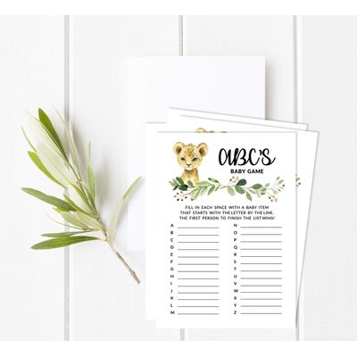 Conjunto com 50 Peças Jogo Alfabeto ABC para Chá de Bebê Tema Filhote de Guepardo e Animais da Selva - Inkdotpot 12,7 Cm × 17,78 Cm / Branco - Cartão de Conselho