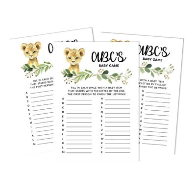 Conjunto com 50 Peças Jogo Alfabeto ABC para Chá de Bebê Tema Filhote de Guepardo e Animais da Selva - Inkdotpot 12,7 Cm × 17,78 Cm / Branco - Cartão de Conselho