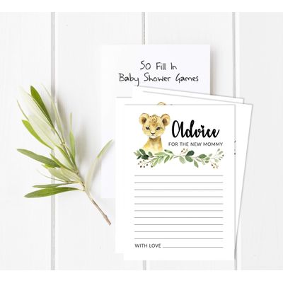 Conjunto com 50 Peças Jogo Alfabeto ABC para Chá de Bebê Tema Filhote de Guepardo e Animais da Selva - Inkdotpot 12,7 Cm × 17,78 Cm / Branco - Cartão de Conselho