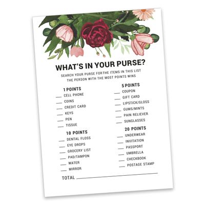 Conjunto de 50 Cartões de Atividade para Jogo de Conselhos e Desejos para Chá de Noiva, Folhagem Floral - Inkdotpot 12,7 Cm × 17,78 Cm / Branco - O Que Tem na Sua Bolsa