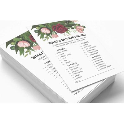Conjunto de 50 Cartões de Atividade para Jogo de Conselhos e Desejos para Chá de Noiva, Folhagem Floral - Inkdotpot 12,7 Cm × 17,78 Cm / Branco - O Que Tem na Sua Bolsa