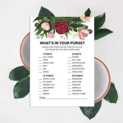 Conjunto de 50 Cartões de Atividade para Jogo de Conselhos e Desejos para Chá de Noiva, Folhagem Floral - Inkdotpot 12,7 Cm × 17,78 Cm / Branco - O Que Tem na Sua Bolsa