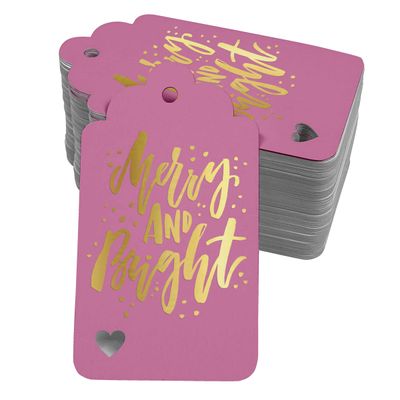 Etiquetas Natalinas de Papel 'Merry And Bright' Metalizadas para Lembrancinhas para Pendurar - Inkdotpot 50 Etiquetas Metalizadas / Rosa - Dourado