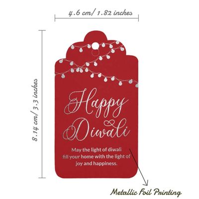 Etiquetas de Papel Metalizado "Feliz Diwali" para Lembrancinhas Pendentes - Inkdotpot 100 Etiquetas Metalizadas / Vermelho - Prata