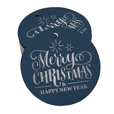 Etiquetas de Papel Metalizado para Lembrancinhas e para Pendurar com o Texto 'Merry Christmas & Happy New Year' - Inkdotpot 50 Etiquetas Metalizadas / Azul - Prata