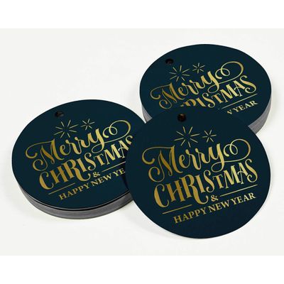 Etiquetas de Papel Metalizado para Lembrancinhas e para Pendurar com o Texto 'Merry Christmas & Happy New Year' - Inkdotpot 50 Etiquetas Metalizadas / Azul - Prata