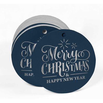 Etiquetas de Papel Metalizado para Lembrancinhas e para Pendurar com o Texto 'Merry Christmas & Happy New Year' - Inkdotpot 50 Etiquetas Metalizadas / Azul - Prata